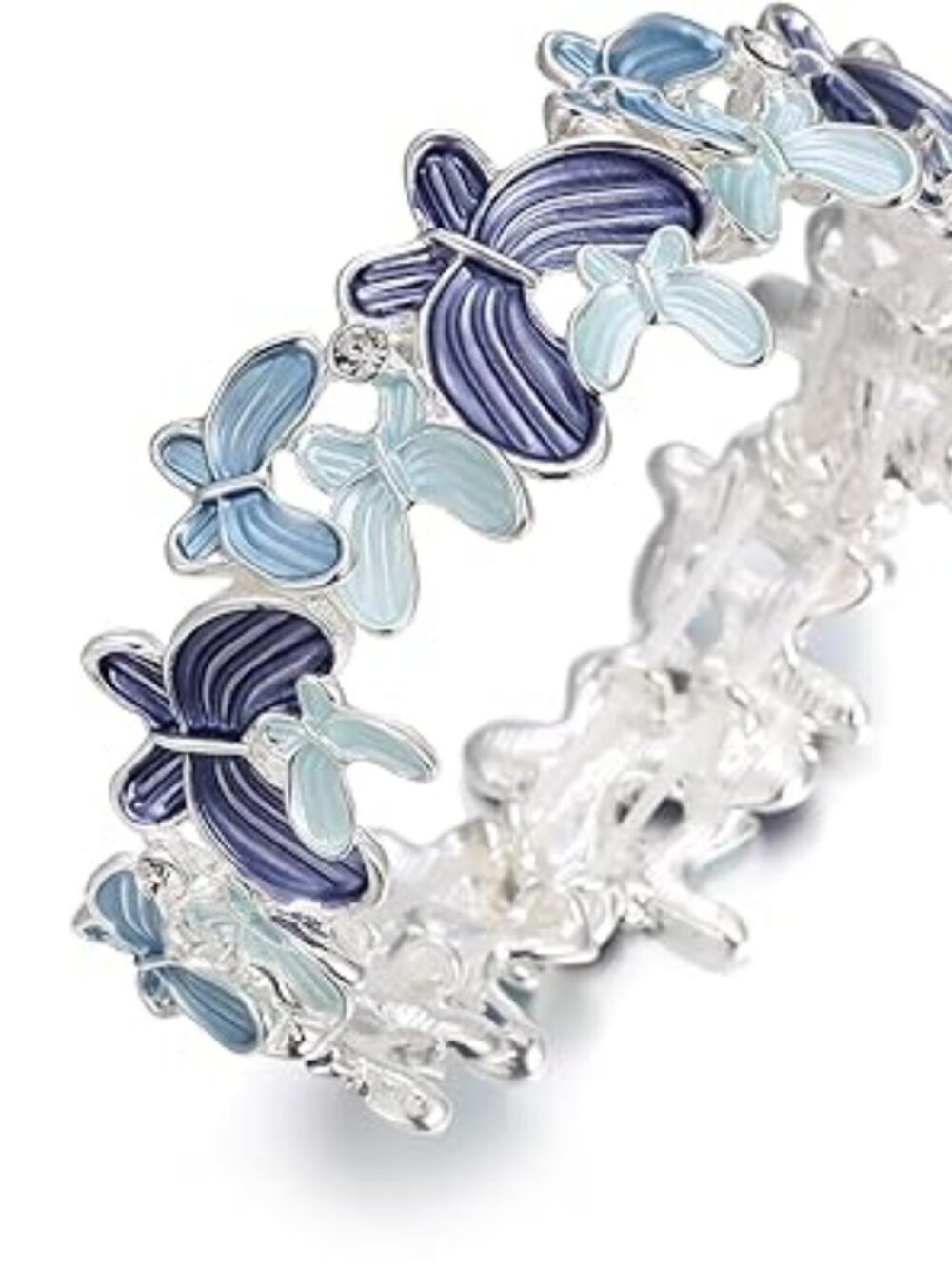 Blue and Silver Enamel Butterfly Stretch Bangle‎ Bracelet Boho Summer Look